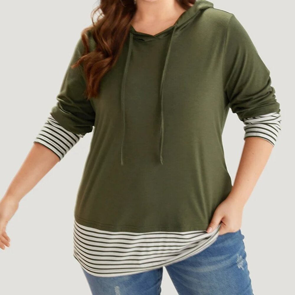 BloomChic Striped Patchwork Women Hooded T-Shirt Green Drawstring - Size 4X